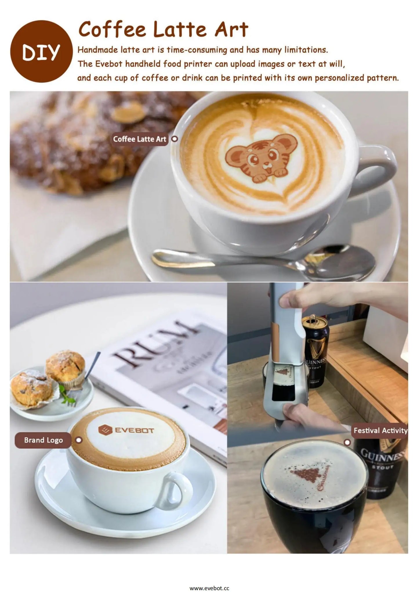 EVEBOT Handheld Food Printer PrintLab APP Print Range 26*100MM Coffee Pattern Portable Printpen DIY Custom Printing On Foodstuff