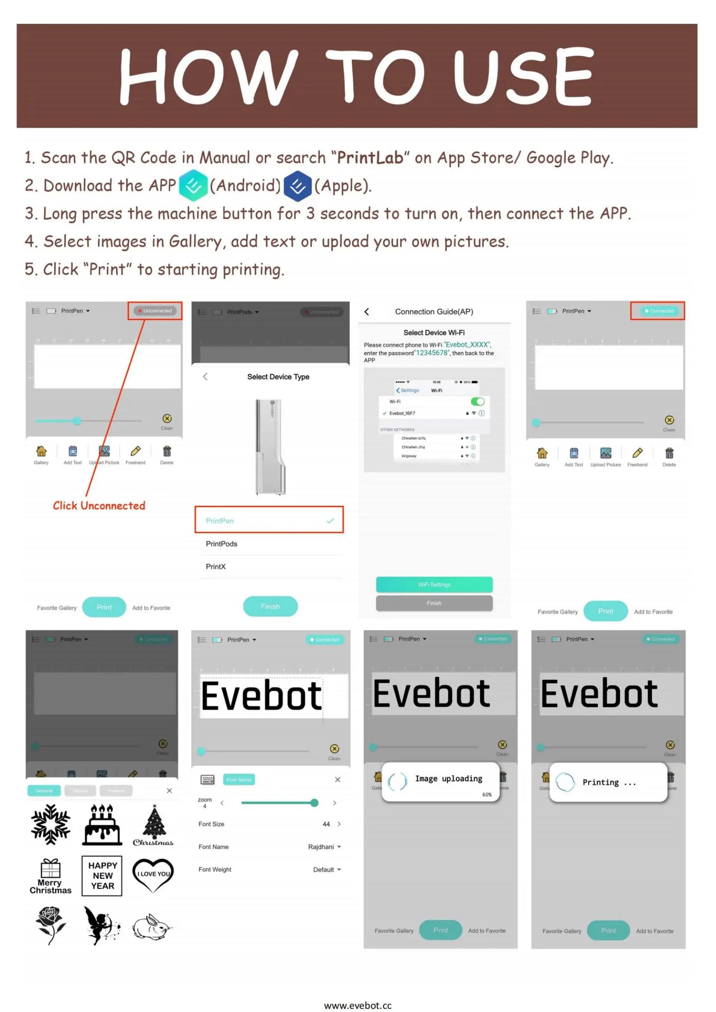 EVEBOT Handheld Food Printer PrintLab APP Print Range 26*100MM Coffee Pattern Portable Printpen DIY Custom Printing On Foodstuff