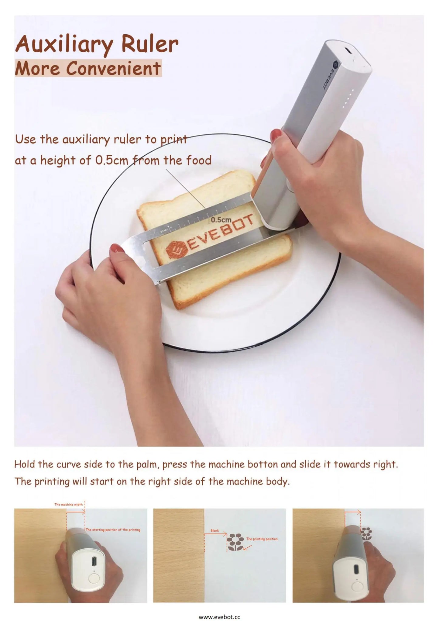 EVEBOT Handheld Food Printer PrintLab APP Print Range 26*100MM Coffee Pattern Portable Printpen DIY Custom Printing On Foodstuff