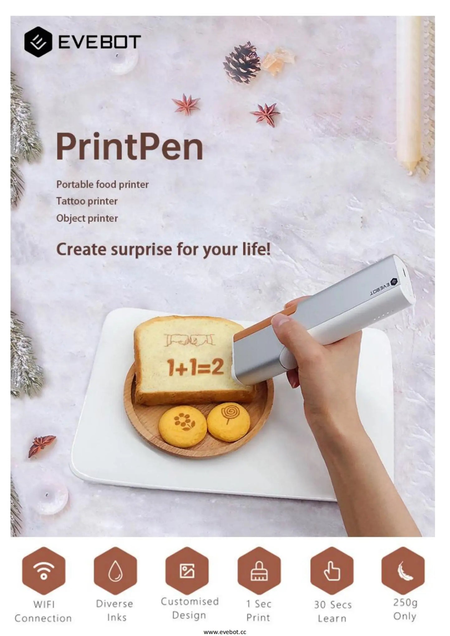 EVEBOT Handheld Food Printer PrintLab APP Print Range 26*100MM Coffee Pattern Portable Printpen DIY Custom Printing On Foodstuff