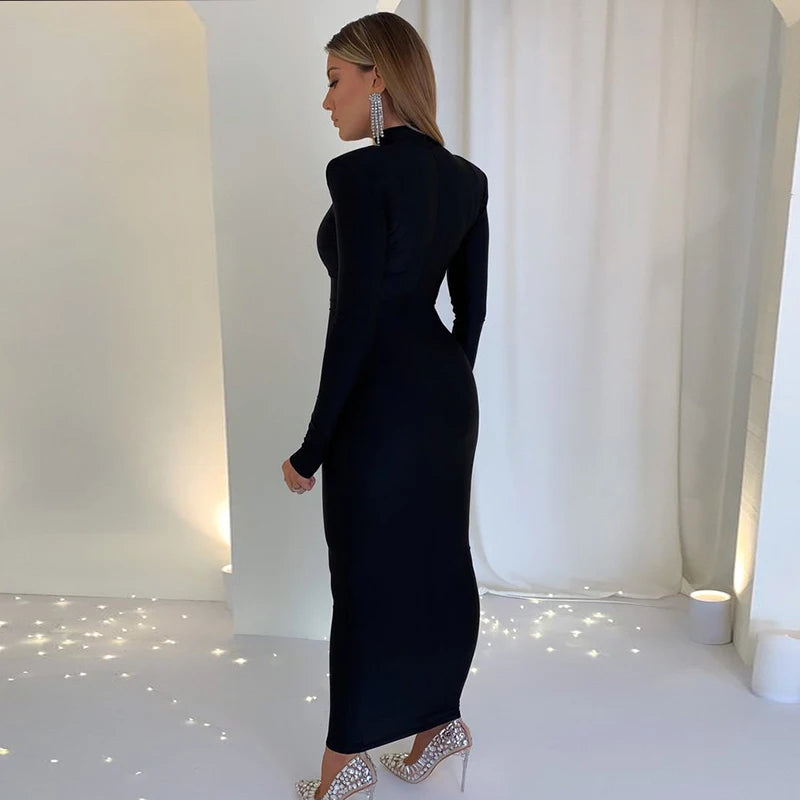 Hawthaw Shoulder Padded Long Sleeve Bodycon Green Party Club Maxi Long Dress 2022 Spring Autumn Women Fashion Elegant Clothes
