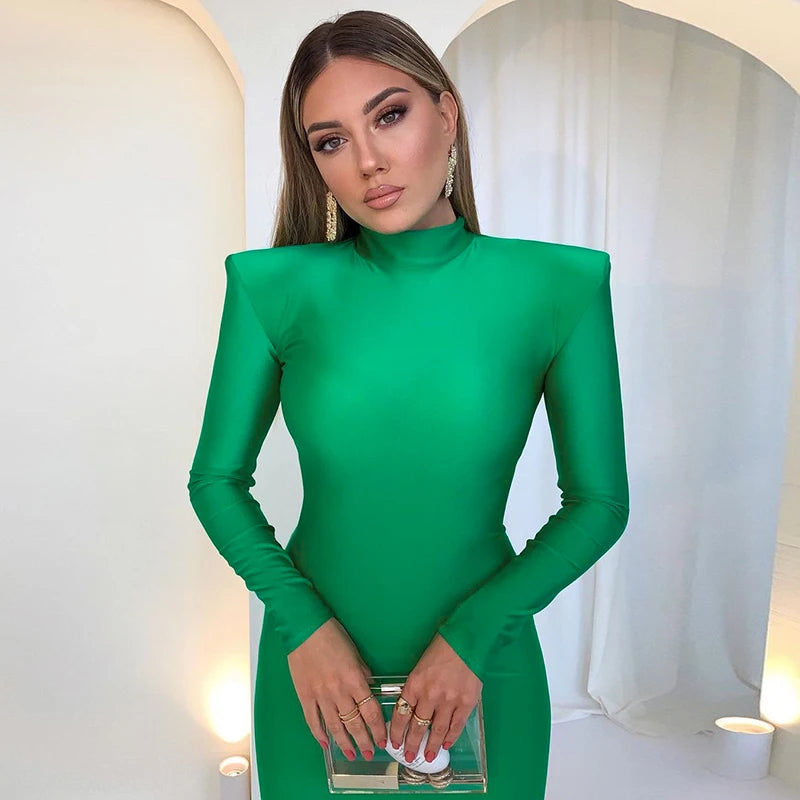 Hawthaw Shoulder Padded Long Sleeve Bodycon Green Party Club Maxi Long Dress 2022 Spring Autumn Women Fashion Elegant Clothes