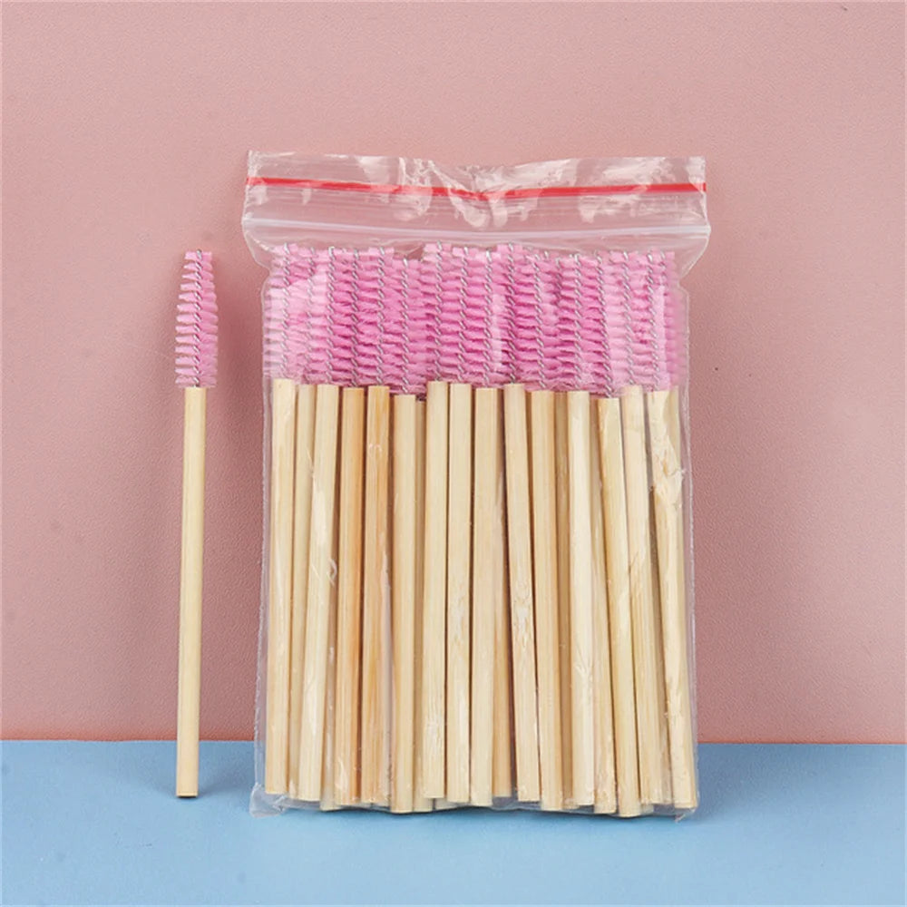 50pcs Professional Bamboo Handle Disposable Eyelash Brushes Eyebrow Extension Mascara Wands Applicator Women Female Makeup Tools