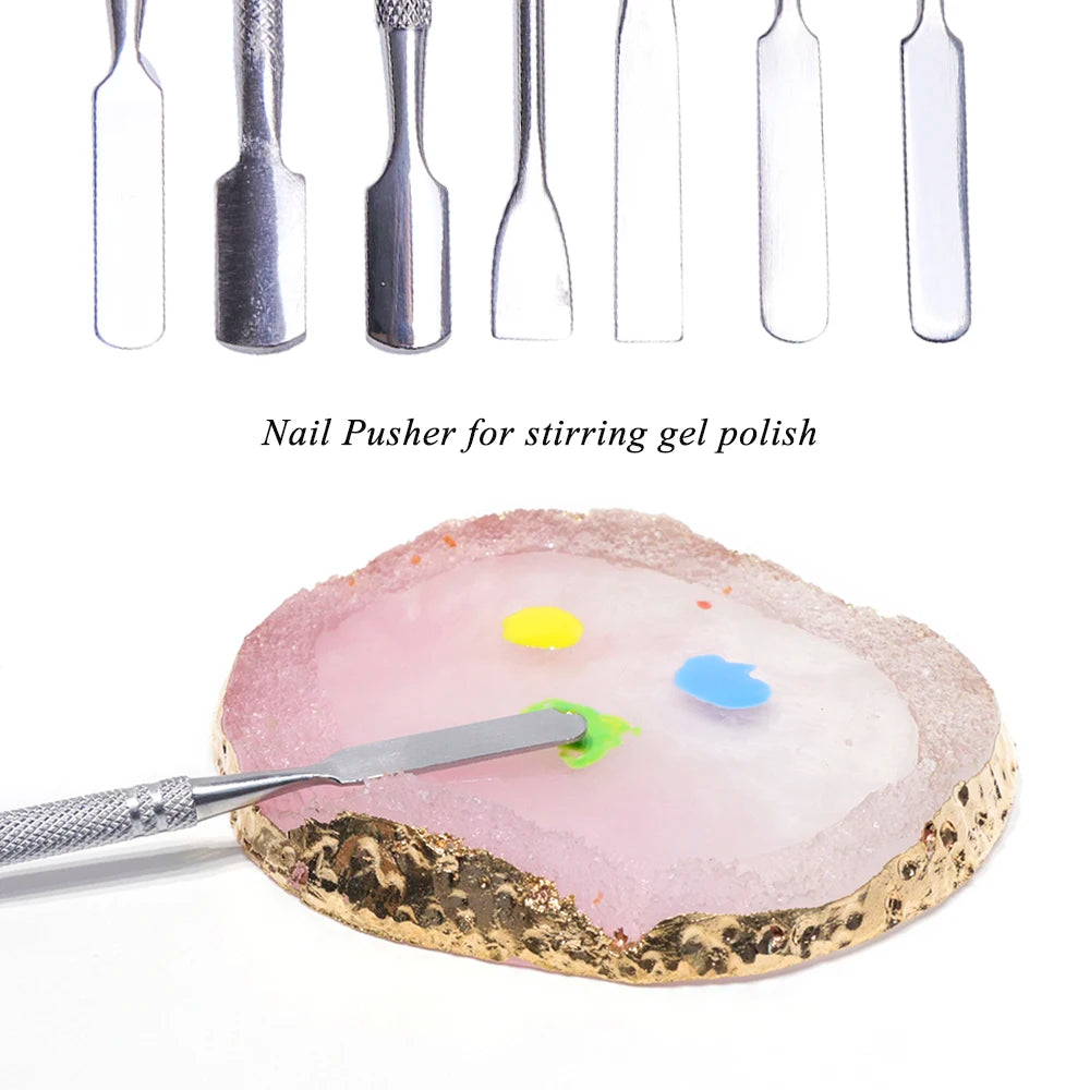 7 Types Stainless Cuticle Pusher Nail Art Stirring Polish Powder Blend Spatulas Tone Rods Manicure Remover Makeup Tools CH809