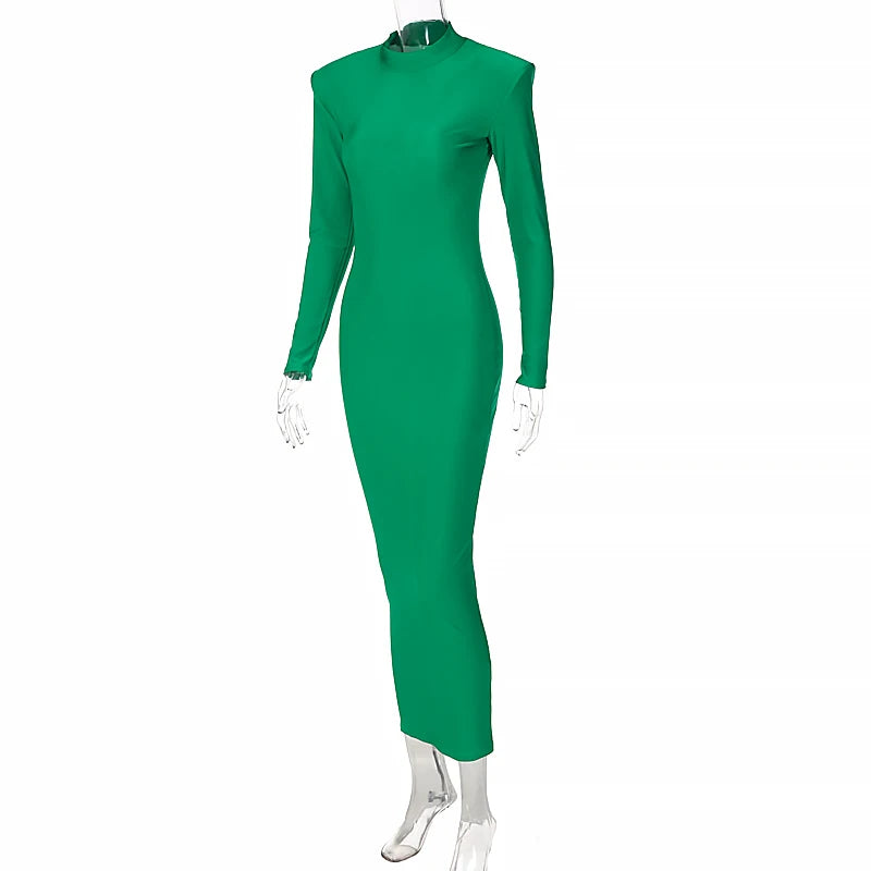 Hawthaw Shoulder Padded Long Sleeve Bodycon Green Party Club Maxi Long Dress 2022 Spring Autumn Women Fashion Elegant Clothes