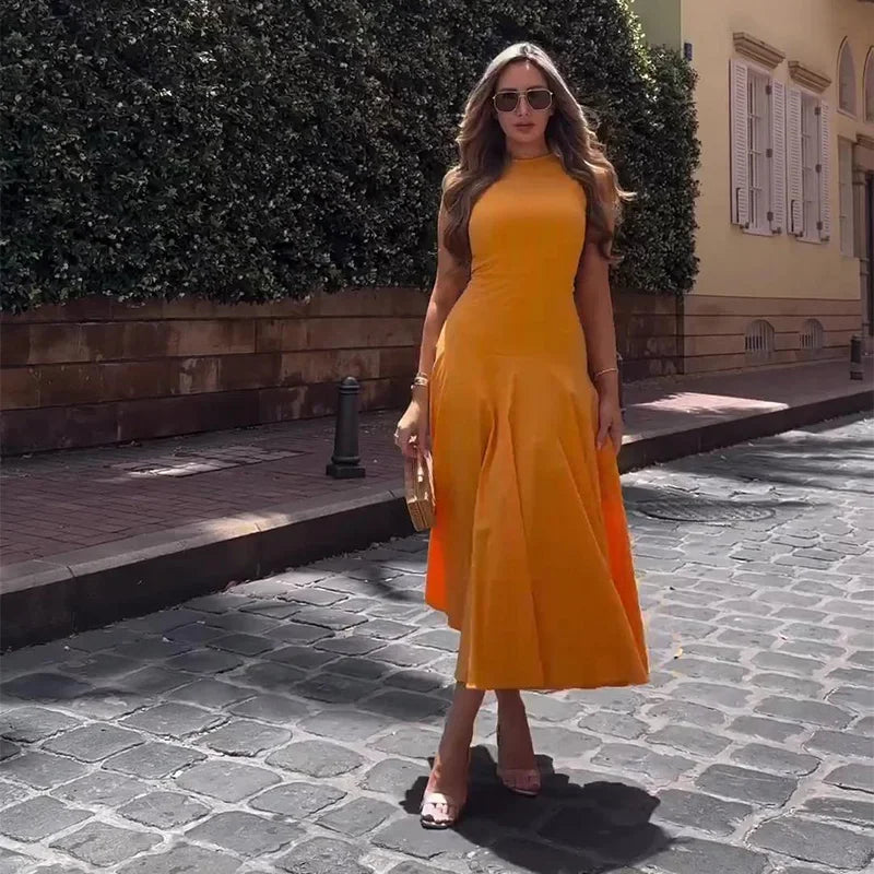 Slim Pleated Zipper Long Dress Women Elegant O-neck Sleeveless High Waist A-line Dresses 2024 New Female Fashion Party Vestidos