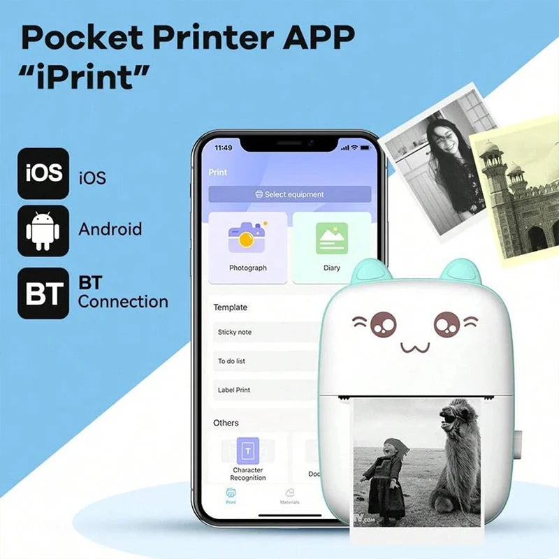 Mini 58mm Thermal Portable Printer BT Wireless 200dpi Mobile Label Photo Memo Wrong Question Printing USB Cable For Home No Ink