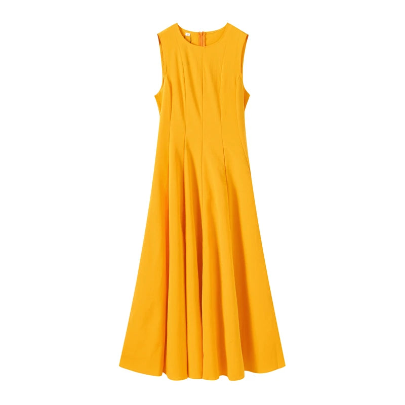 Slim Pleated Zipper Long Dress Women Elegant O-neck Sleeveless High Waist A-line Dresses 2024 New Female Fashion Party Vestidos