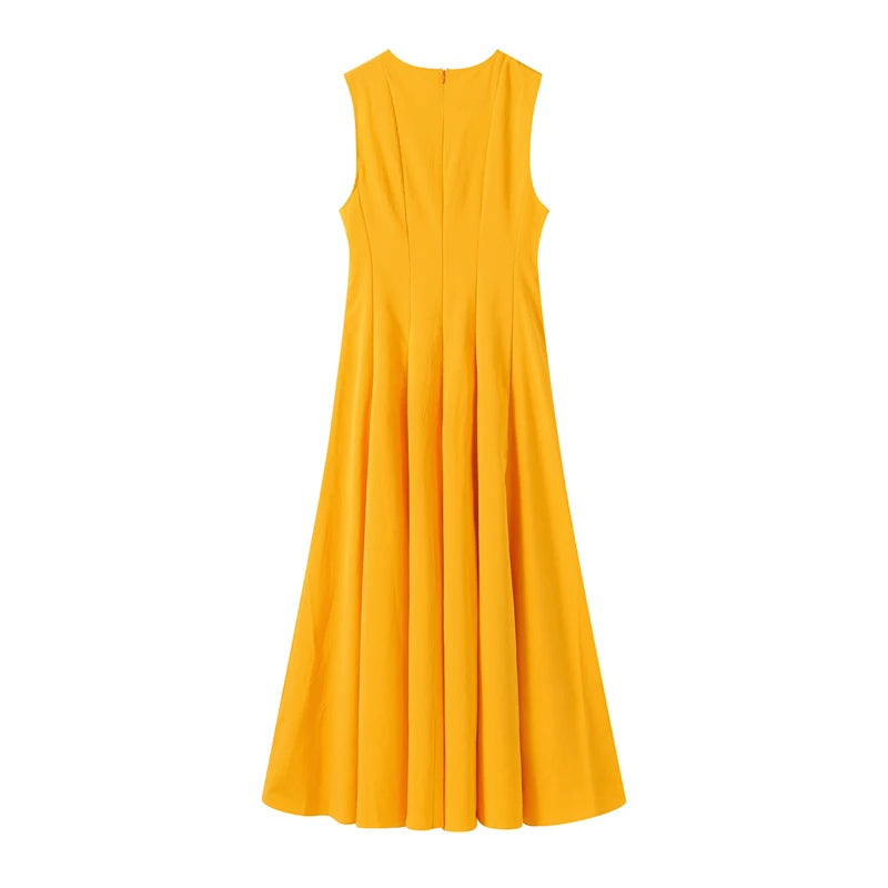 Slim Pleated Zipper Long Dress Women Elegant O-neck Sleeveless High Waist A-line Dresses 2024 New Female Fashion Party Vestidos