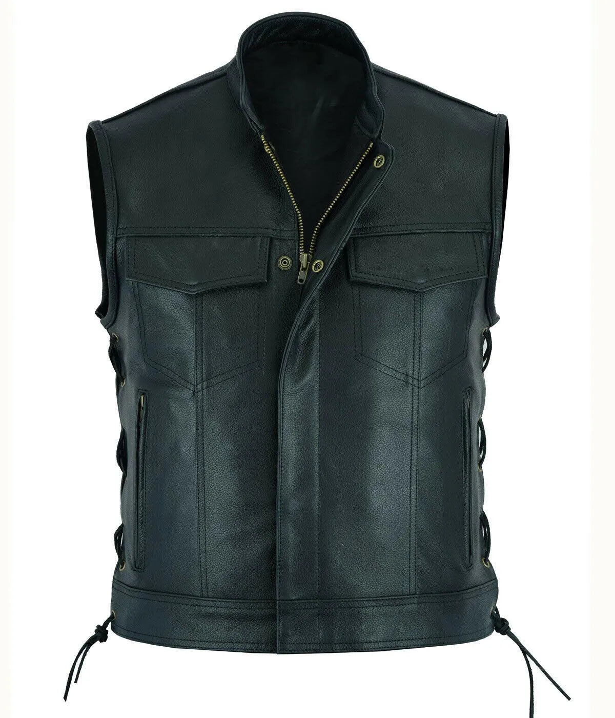 Men's Leather Vest V-neck Single Breasted Zippered Short Sleeveless Top for Men