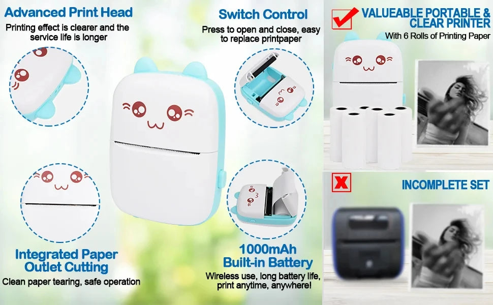 Mini 58mm Thermal Portable Printer BT Wireless 200dpi Mobile Label Photo Memo Wrong Question Printing USB Cable For Home No Ink