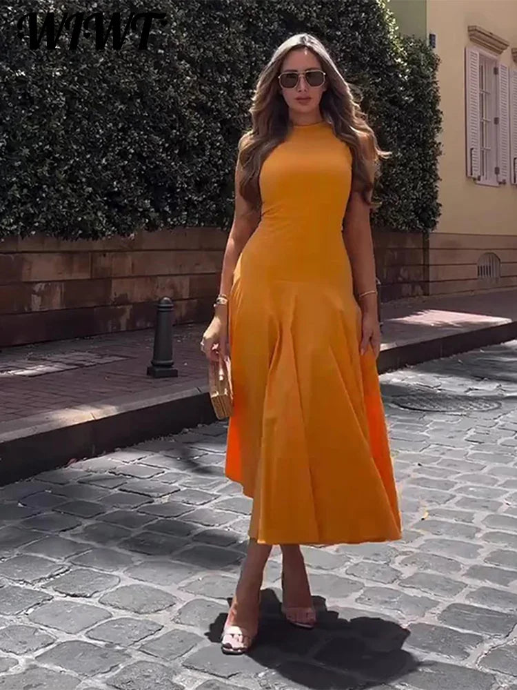 Slim Pleated Zipper Long Dress Women Elegant O-neck Sleeveless High Waist A-line Dresses 2024 New Female Fashion Party Vestidos