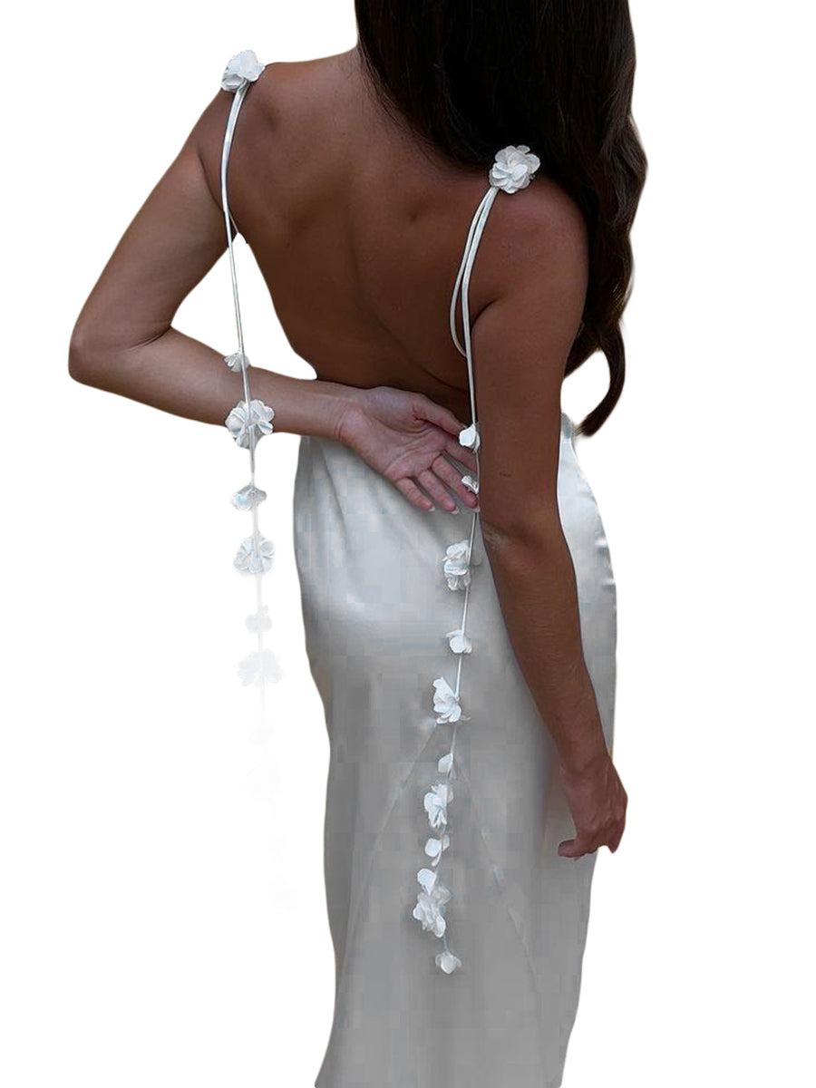 Puloru Elegant Flower Tassel Backless Long Dress Women Sleeveless Sling Wrap Party Pencil Dress Vintage Evening Night Vestidos