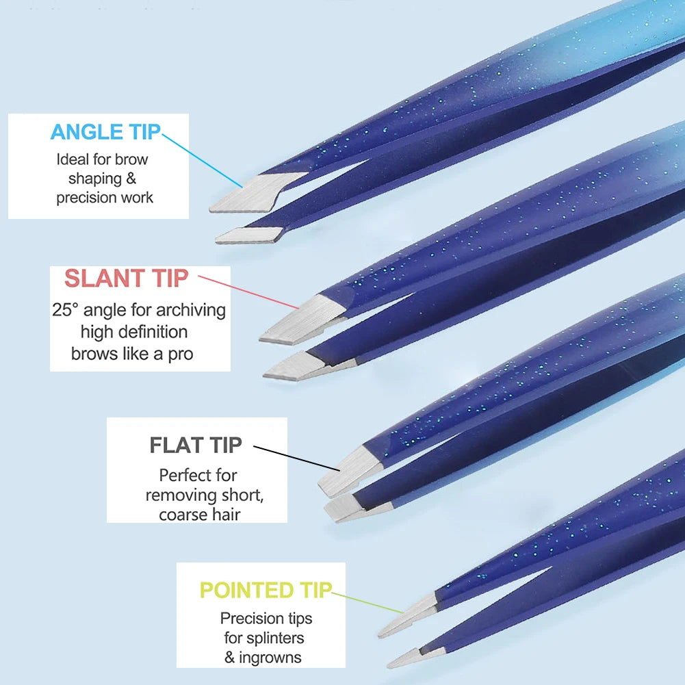 4 Styles Precision Eyebrow Tweezers Stainless Steel Fine Hairs Puller Flat Slant Tip Eye Brow Clips Hair Removal Makeup Tools