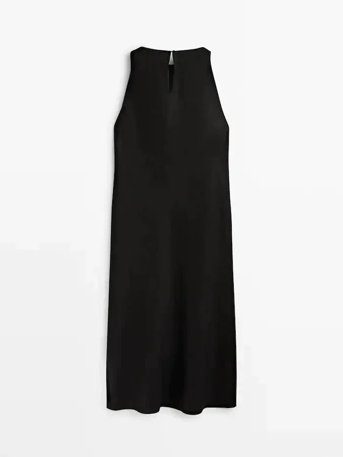 ZBZA Women's New Round Neck Sleeveless Side Slit Long Dress Vintage Chic Halter Neck Slim Midi Dresses Female Pullover Sundress