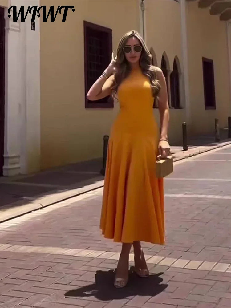 Slim Pleated Zipper Long Dress Women Elegant O-neck Sleeveless High Waist A-line Dresses 2024 New Female Fashion Party Vestidos