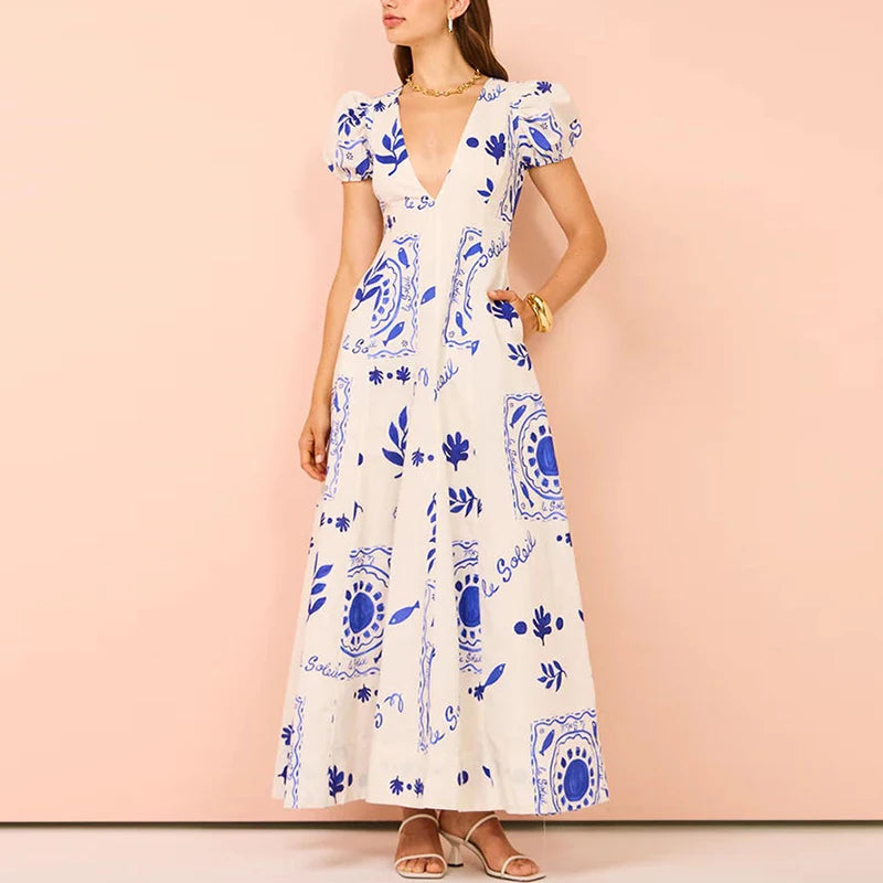 Women V Neck Pattern Print Long Dress Elegant Puff Sleeve High Waist Temperament Party Dress New Cotton Linen Big Hem Slim Dress
