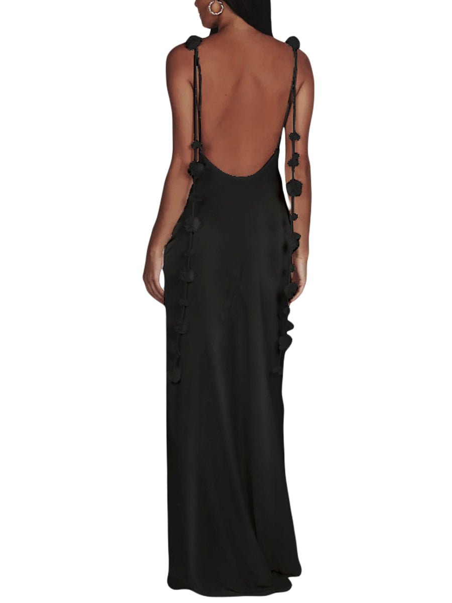 Puloru Elegant Flower Tassel Backless Long Dress Women Sleeveless Sling Wrap Party Pencil Dress Vintage Evening Night Vestidos