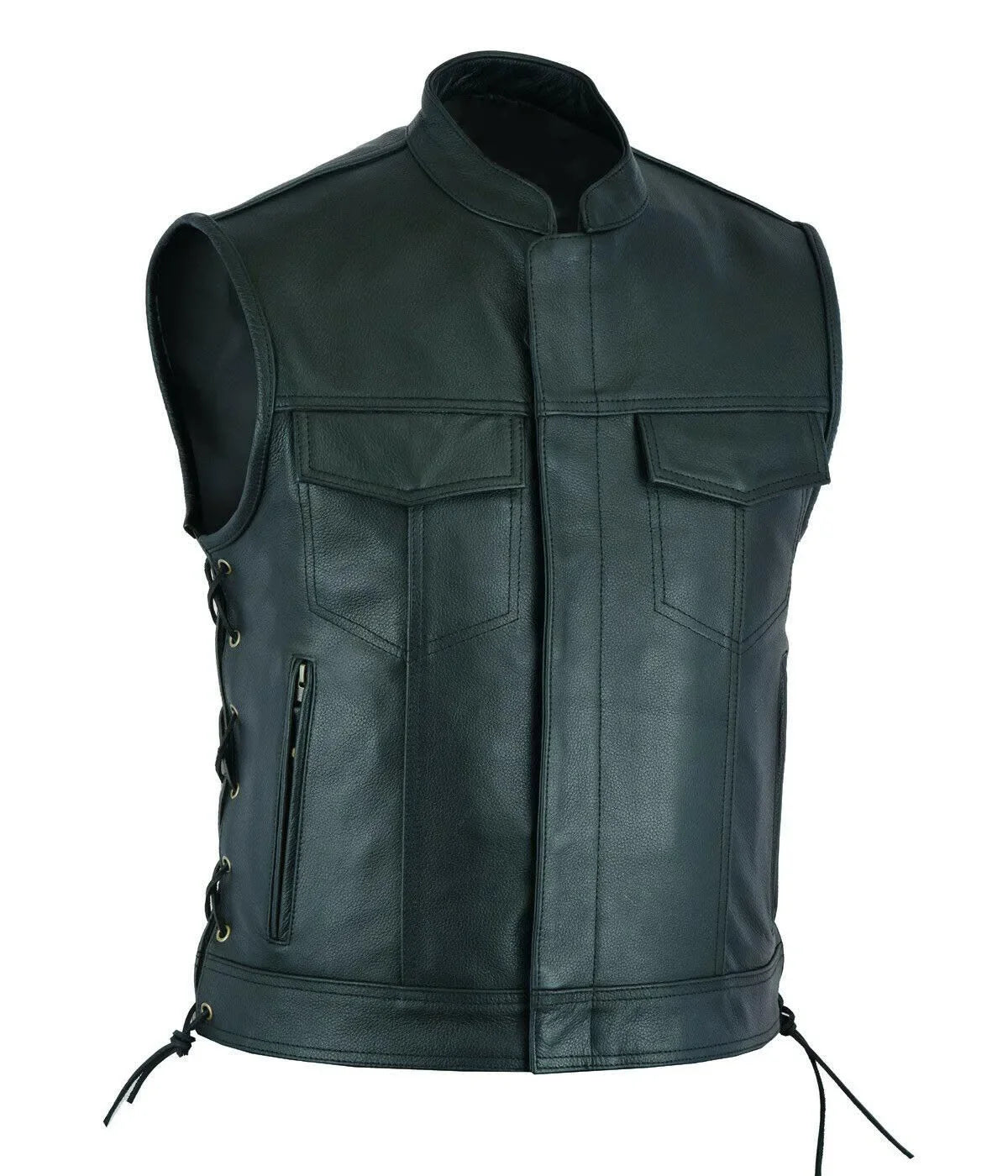 Men's Leather Vest V-neck Single Breasted Zippered Short Sleeveless Top for Men