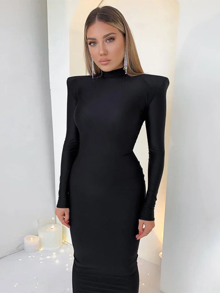 Hawthaw Shoulder Padded Long Sleeve Bodycon Green Party Club Maxi Long Dress 2022 Spring Autumn Women Fashion Elegant Clothes
