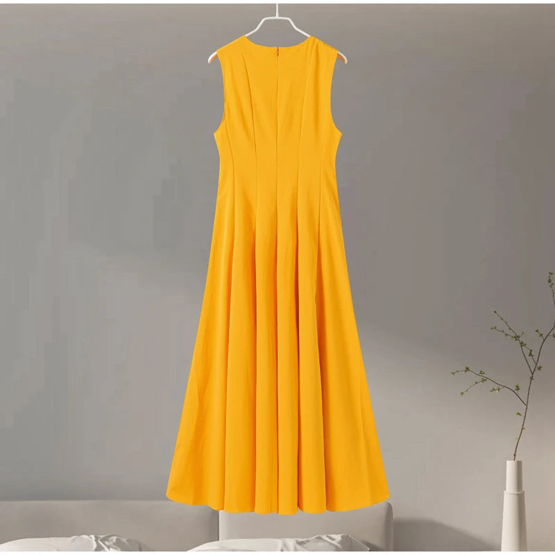 Slim Pleated Zipper Long Dress Women Elegant O-neck Sleeveless High Waist A-line Dresses 2024 New Female Fashion Party Vestidos