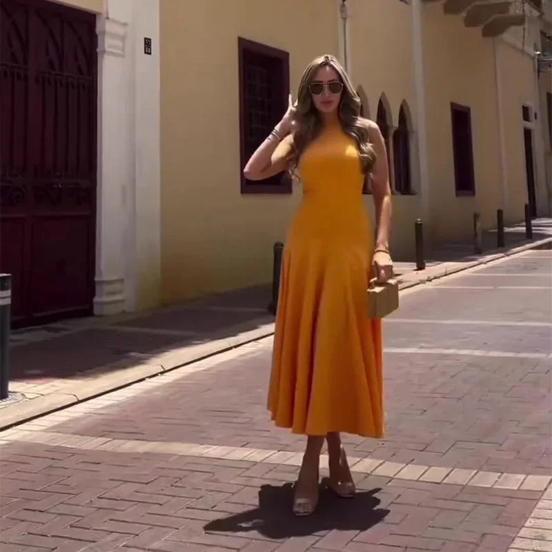 Slim Pleated Zipper Long Dress Women Elegant O-neck Sleeveless High Waist A-line Dresses 2024 New Female Fashion Party Vestidos
