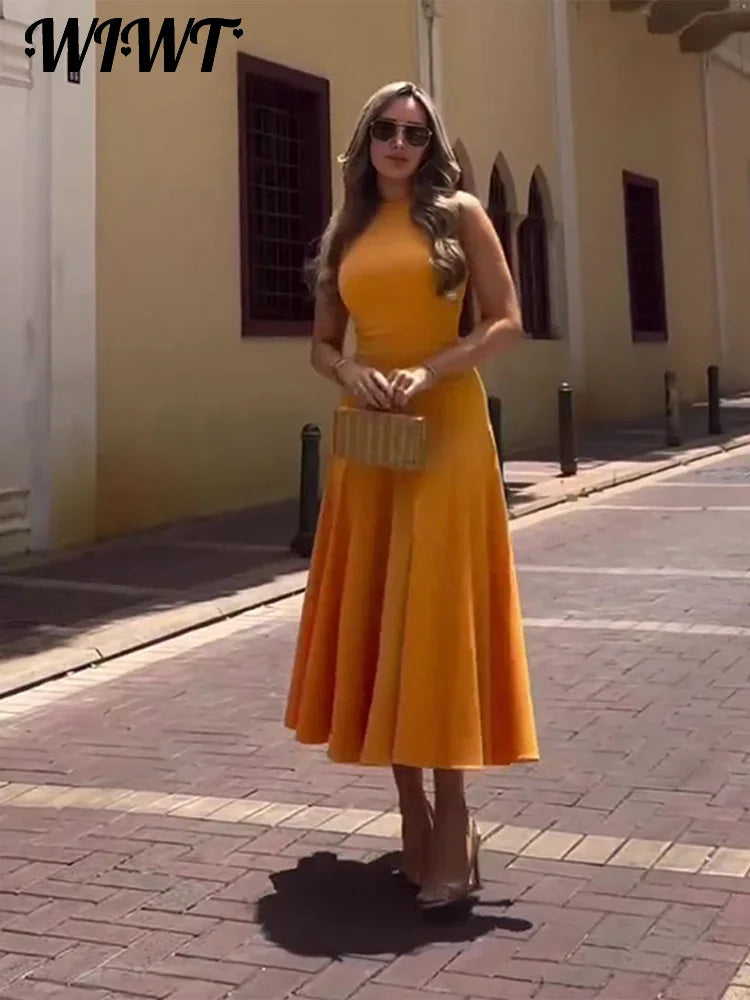Slim Pleated Zipper Long Dress Women Elegant O-neck Sleeveless High Waist A-line Dresses 2024 New Female Fashion Party Vestidos
