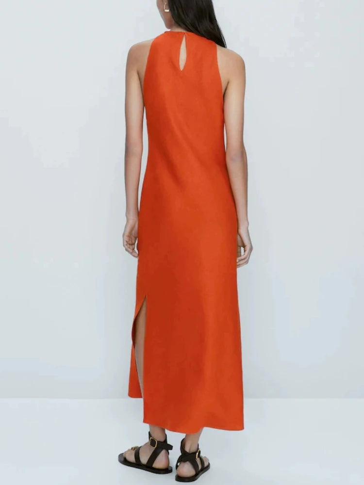 ZBZA Women's New Round Neck Sleeveless Side Slit Long Dress Vintage Chic Halter Neck Slim Midi Dresses Female Pullover Sundress