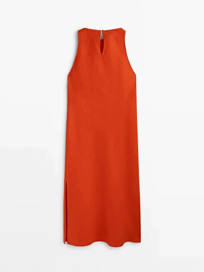 ZBZA Women's New Round Neck Sleeveless Side Slit Long Dress Vintage Chic Halter Neck Slim Midi Dresses Female Pullover Sundress