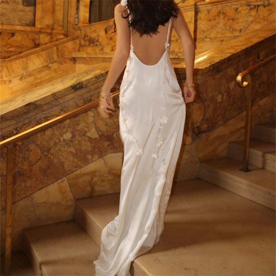 Puloru Elegant Flower Tassel Backless Long Dress Women Sleeveless Sling Wrap Party Pencil Dress Vintage Evening Night Vestidos