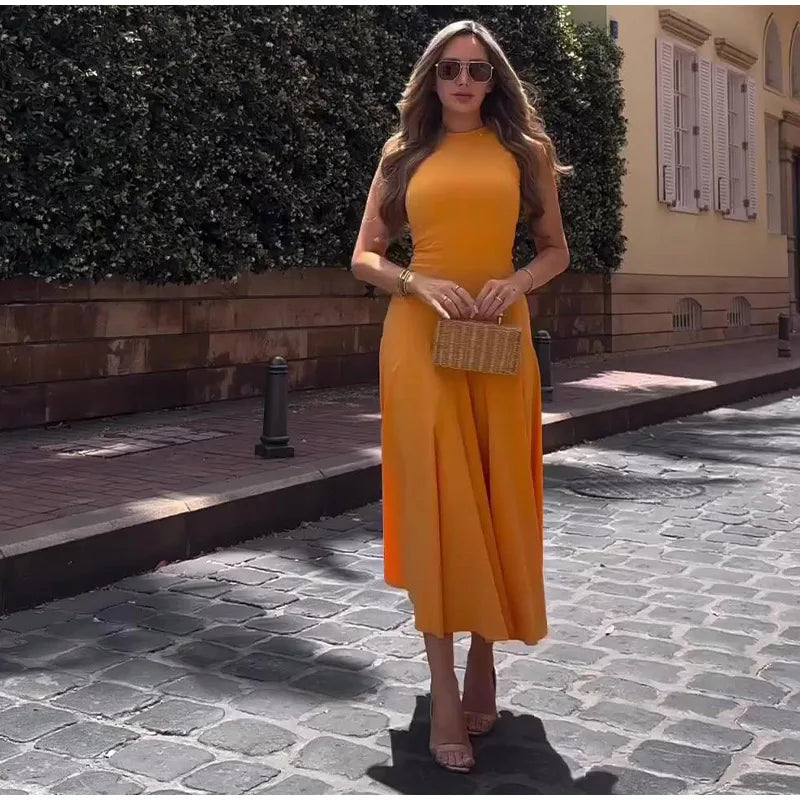Slim Pleated Zipper Long Dress Women Elegant O-neck Sleeveless High Waist A-line Dresses 2024 New Female Fashion Party Vestidos