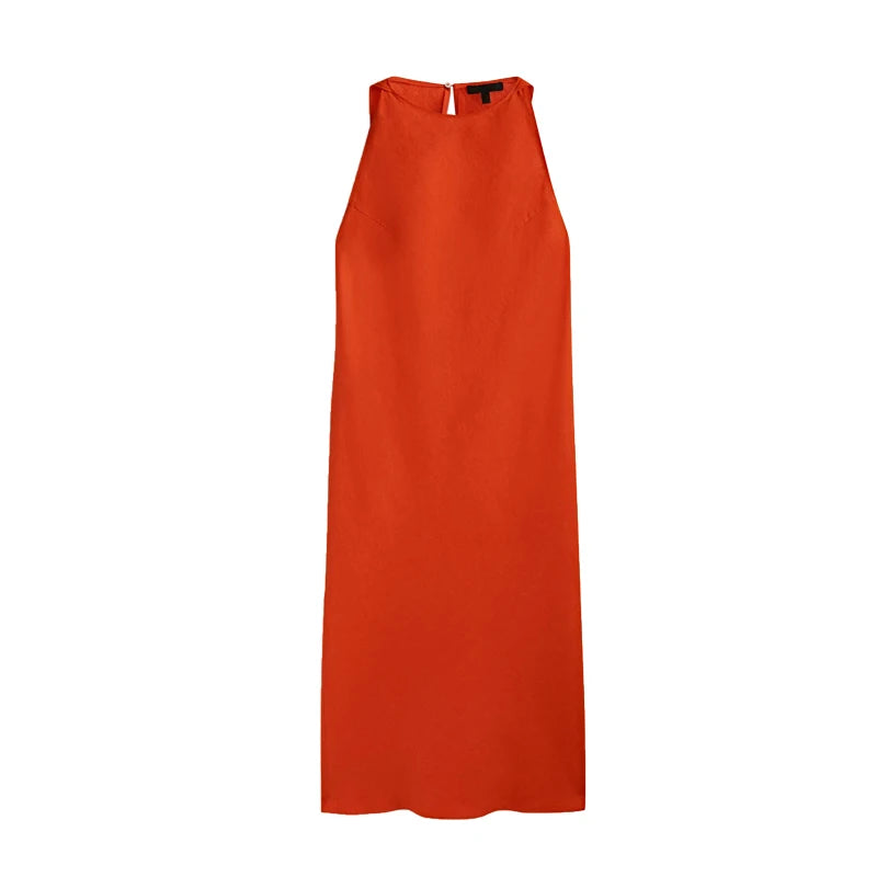 ZBZA Women's New Round Neck Sleeveless Side Slit Long Dress Vintage Chic Halter Neck Slim Midi Dresses Female Pullover Sundress