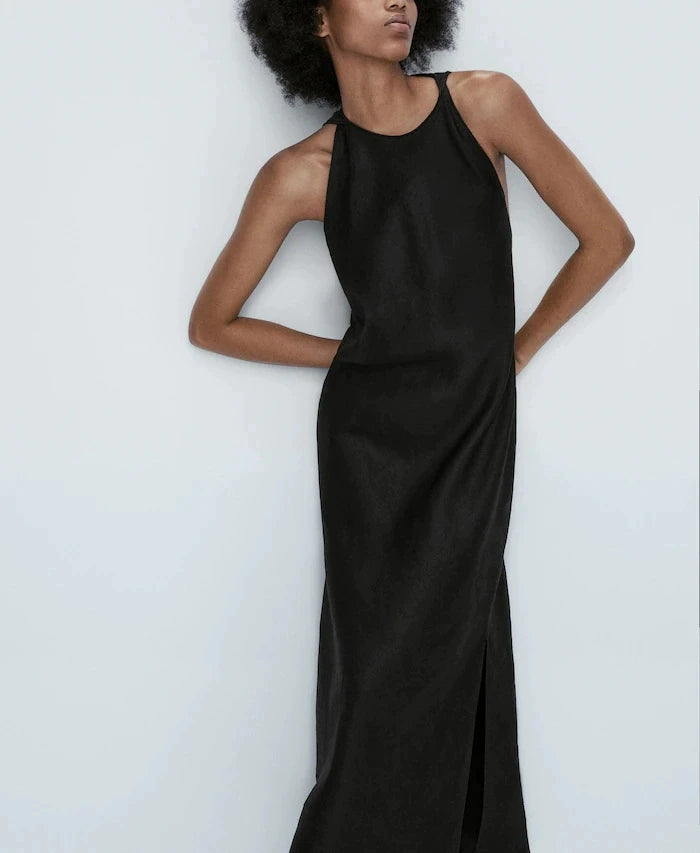 ZBZA Women's New Round Neck Sleeveless Side Slit Long Dress Vintage Chic Halter Neck Slim Midi Dresses Female Pullover Sundress