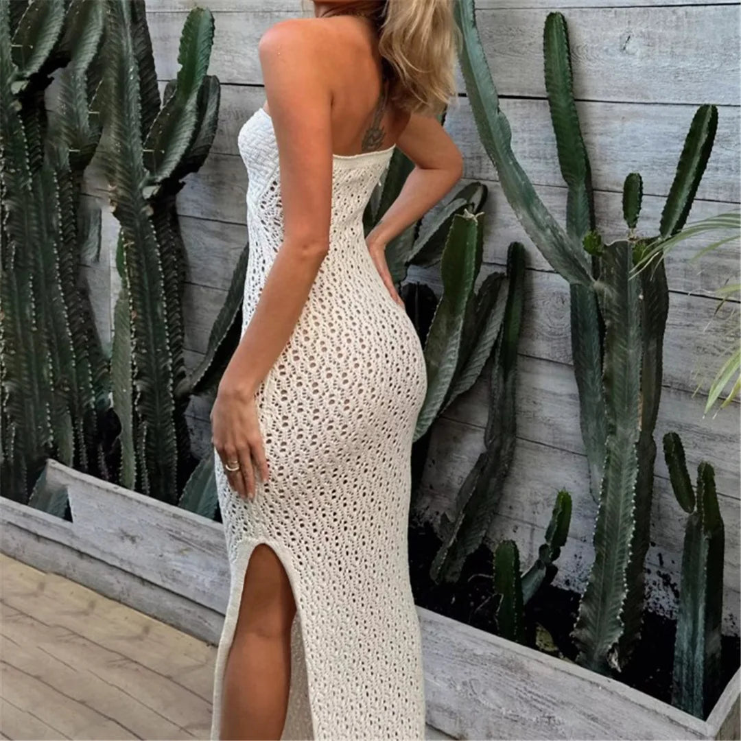 Sexy Fashion Bandeau Hollow Out Crochet Knitted Long Dress Side Split Tunic Beach Dress Cover Up Beachwear Vestidos DV5321