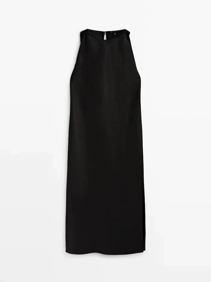 ZBZA Women's New Round Neck Sleeveless Side Slit Long Dress Vintage Chic Halter Neck Slim Midi Dresses Female Pullover Sundress