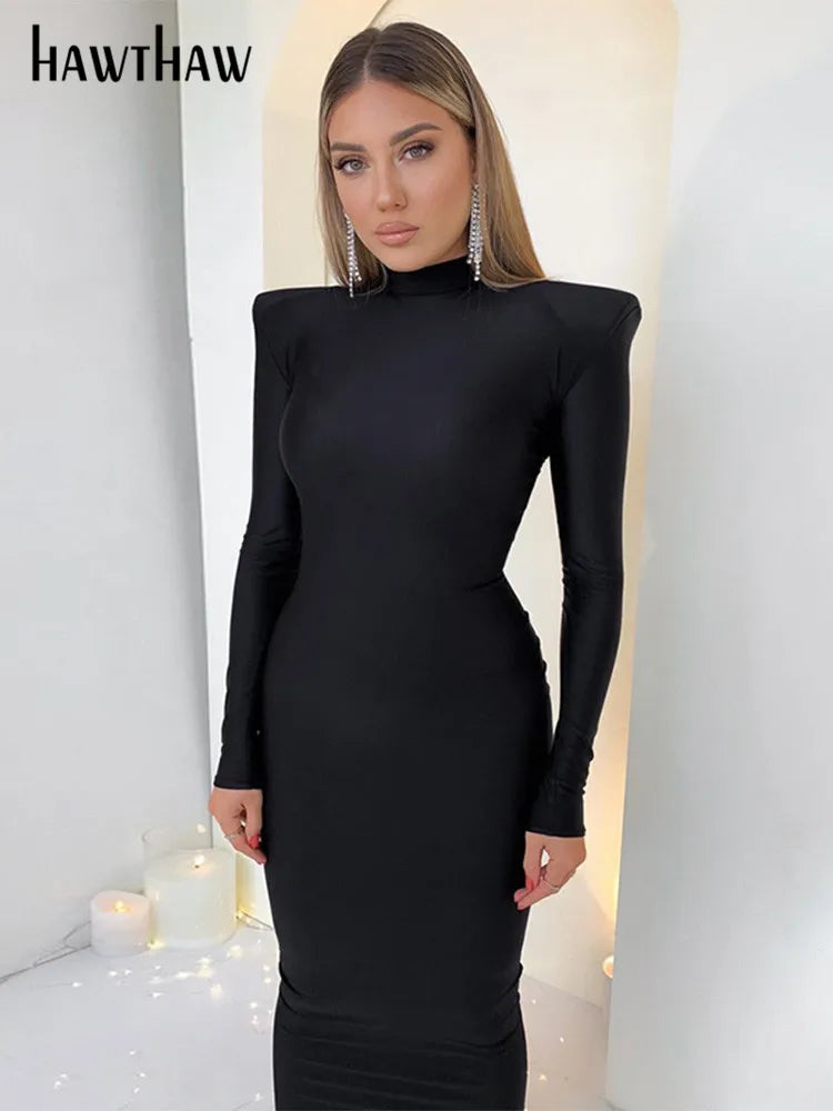 Hawthaw Shoulder Padded Long Sleeve Bodycon Green Party Club Maxi Long Dress 2022 Spring Autumn Women Fashion Elegant Clothes