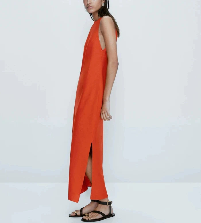 ZBZA Women's New Round Neck Sleeveless Side Slit Long Dress Vintage Chic Halter Neck Slim Midi Dresses Female Pullover Sundress