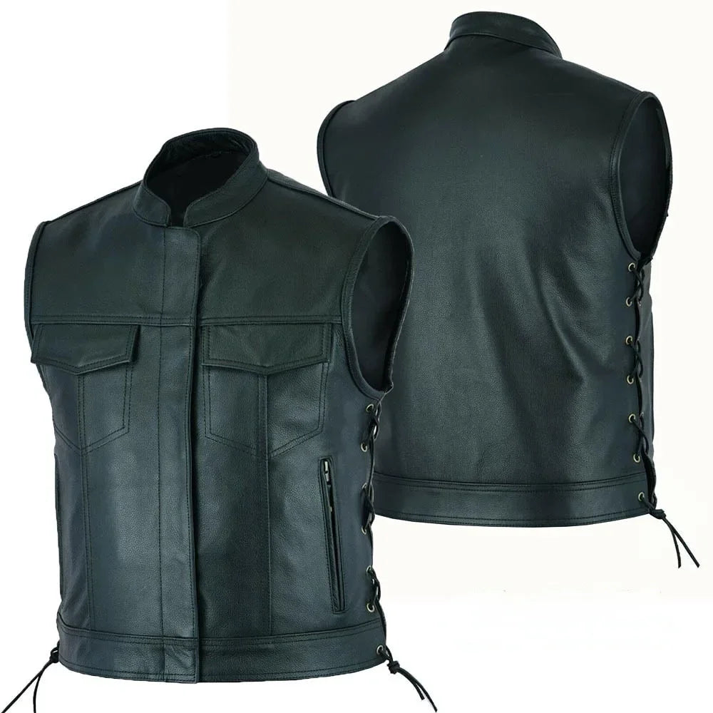 Men's Leather Vest V-neck Single Breasted Zippered Short Sleeveless Top for Men