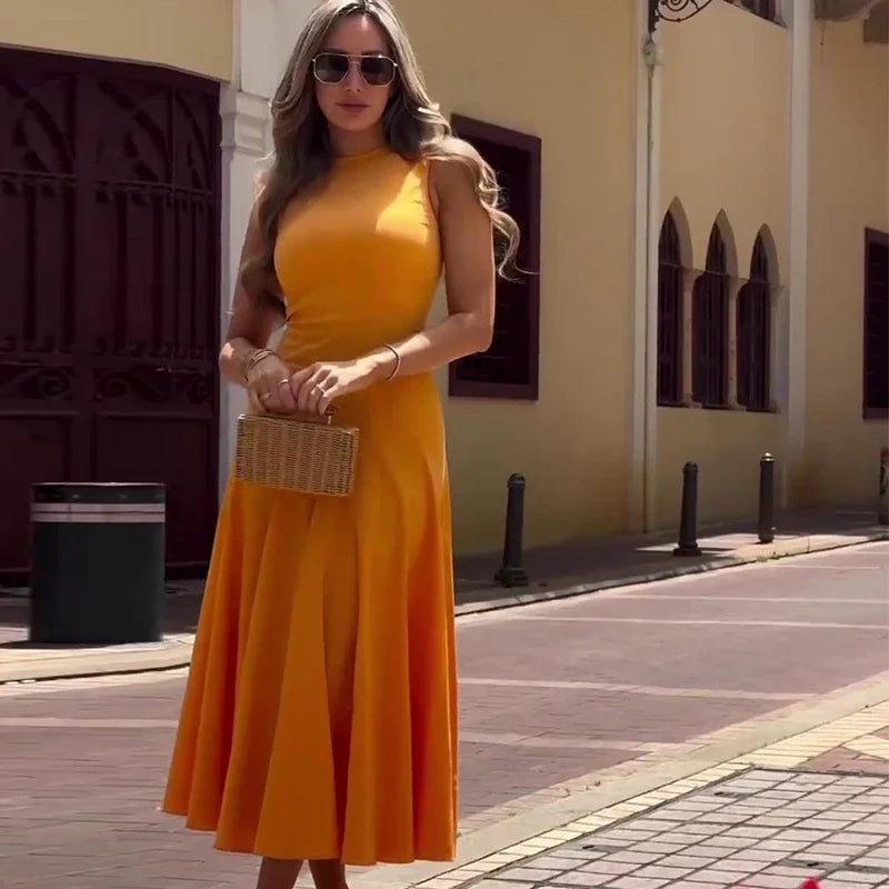 Slim Pleated Zipper Long Dress Women Elegant O-neck Sleeveless High Waist A-line Dresses 2024 New Female Fashion Party Vestidos