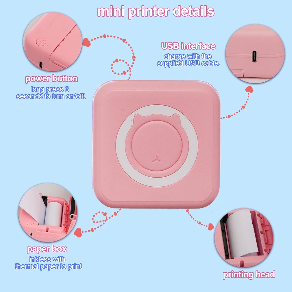 Portable Mini Thermal Printer Wirelessly BT 203dpi Photo Label Memo Wrong Question Printing With USB Cable Imprimante Portable