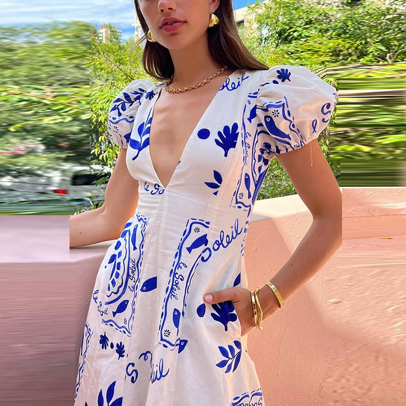 Women V Neck Pattern Print Long Dress Elegant Puff Sleeve High Waist Temperament Party Dress New Cotton Linen Big Hem Slim Dress