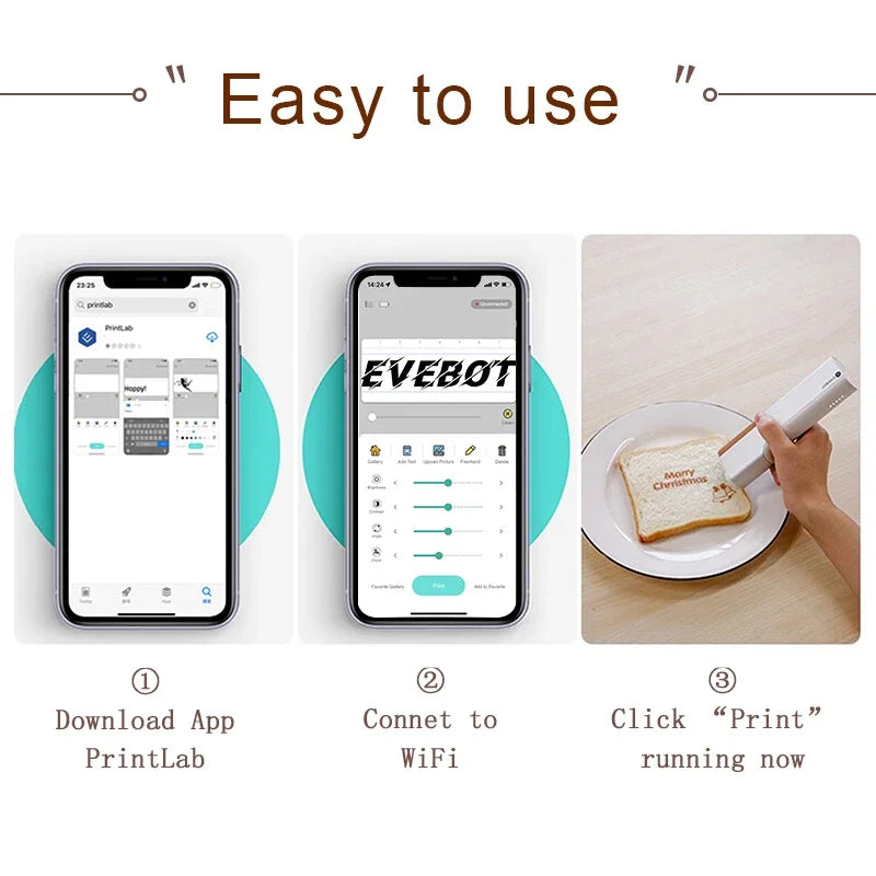 EVEBOT Handheld Food Printer PrintLab APP Print Range 26*100MM Coffee Pattern Portable Printpen DIY Custom Printing On Foodstuff