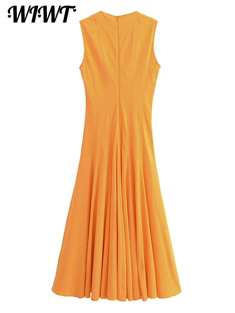 Slim Pleated Zipper Long Dress Women Elegant O-neck Sleeveless High Waist A-line Dresses 2024 New Female Fashion Party Vestidos