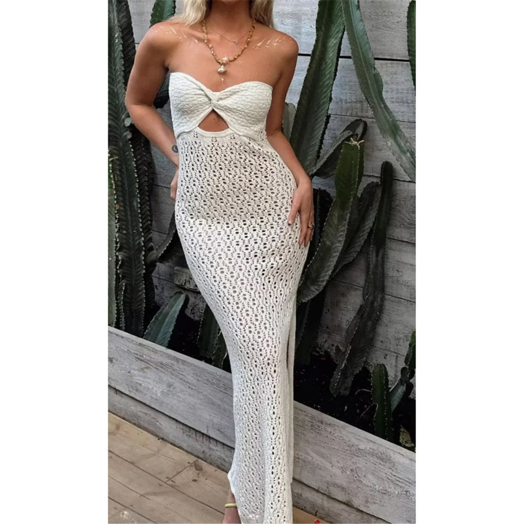 Sexy Fashion Bandeau Hollow Out Crochet Knitted Long Dress Side Split Tunic Beach Dress Cover Up Beachwear Vestidos DV5321