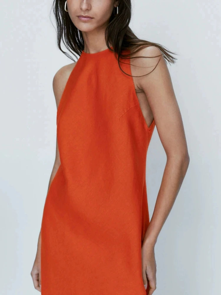 ZBZA Women's New Round Neck Sleeveless Side Slit Long Dress Vintage Chic Halter Neck Slim Midi Dresses Female Pullover Sundress