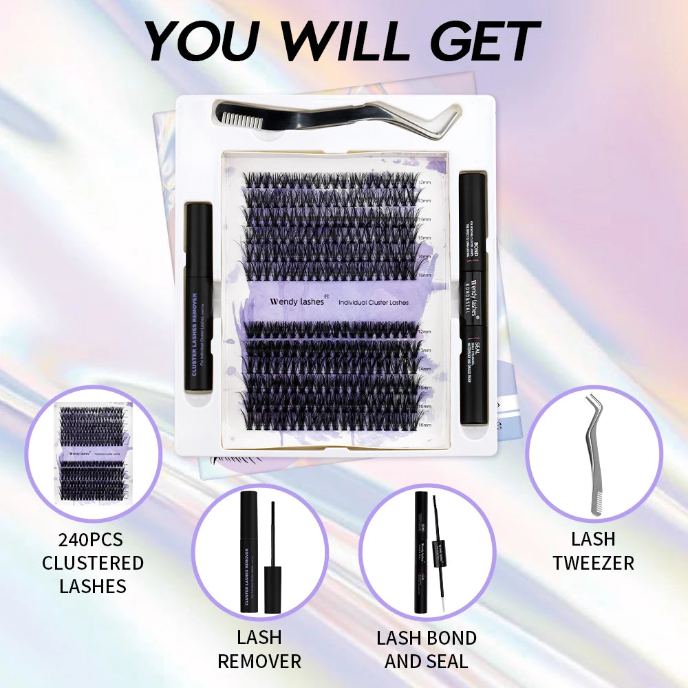 Lash Extension Kit 240pcs 30D/40D/60D/80D Bond and Seal Makeup tools DIY for gluing Lashes Gluing Glue Accessories DIY Lash KIT