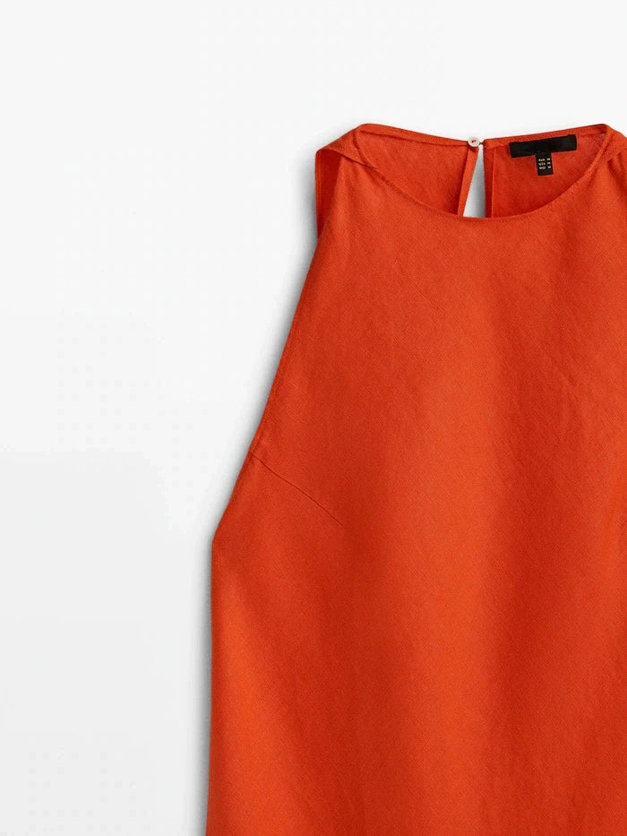 ZBZA Women's New Round Neck Sleeveless Side Slit Long Dress Vintage Chic Halter Neck Slim Midi Dresses Female Pullover Sundress