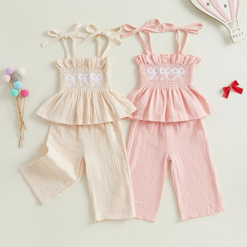 Adorable Toddler Girl Sleeveless Top and Shorts Set with Cute Bow Embroidery Detail - Summer Outfit for Little Princesses