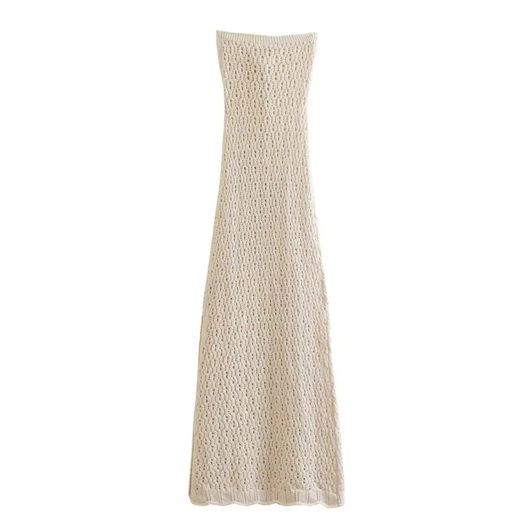 Sexy Fashion Bandeau Hollow Out Crochet Knitted Long Dress Side Split Tunic Beach Dress Cover Up Beachwear Vestidos DV5321