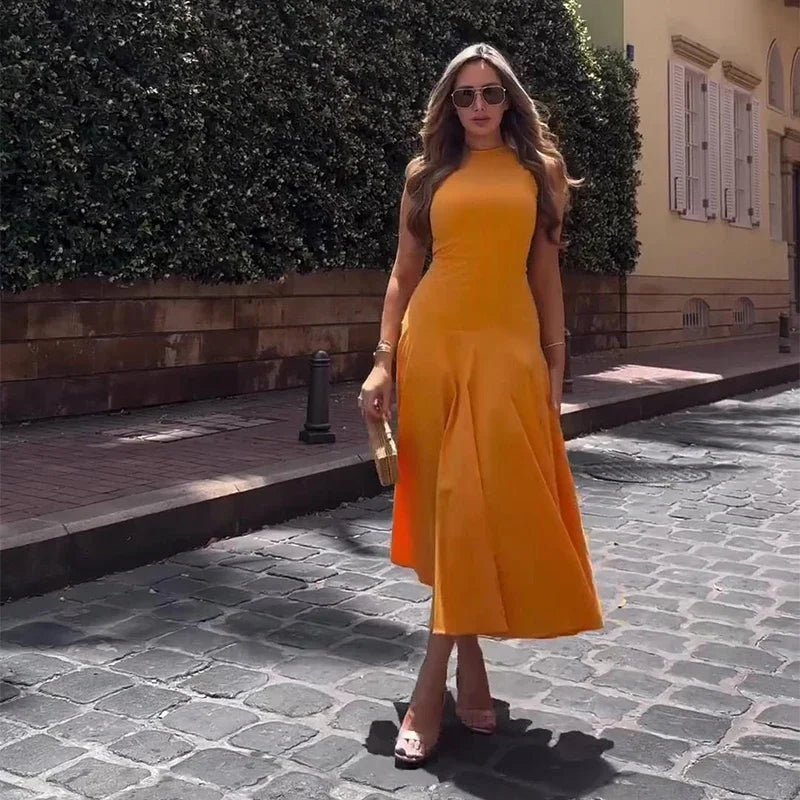 Slim Pleated Zipper Long Dress Women Elegant O-neck Sleeveless High Waist A-line Dresses 2024 New Female Fashion Party Vestidos